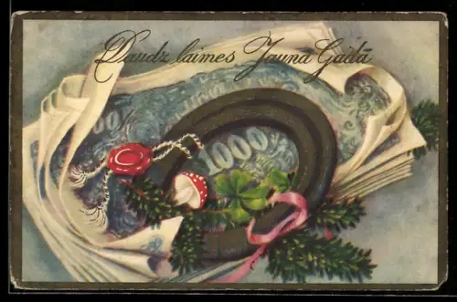 AK Geldschein mit Hufeisen, Fliegenpilz und Kleeblatt