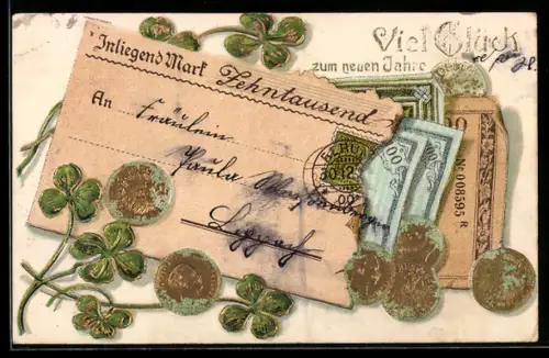 Präge-AK Inliegend Mark Zehntausend, Geldscheine u. Münzen, Glücksklee, Neujahrsgruss