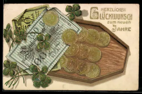 AK Geldmünzen und Geldscheine, Kleeblätter, Neujahrsgruss