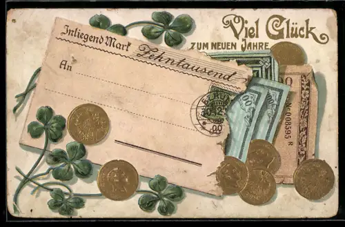 AK Geldmünzen und Scheine inmitten von Kleeblättern, Neujahrsgruss