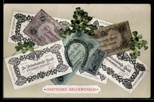 AK Niederländische Banknoten, Geldscheine mit Hufeisen und Kleeblättern