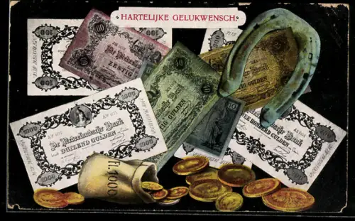 AK Niederländische Gulden, Geldscheine, Münzen, Hufeisen, Gelukwensch