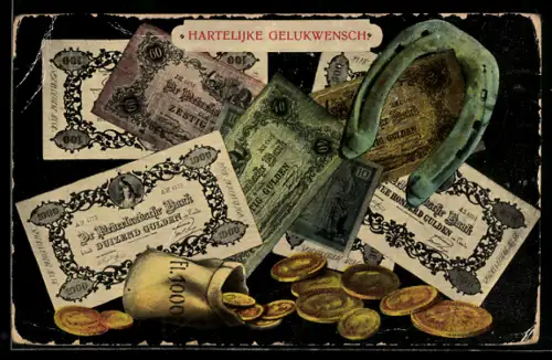 AK Niederländische Gulden, Scheine, Münzen, Hufeisen, Hartelijke Gelukwensch