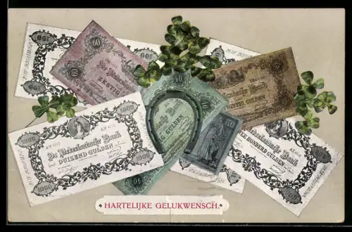 AK Niederländische Banknoten, Geldscheine mit Hufeisen und Kleeblättern