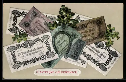 AK Niederländische Banknoten, Geldscheine mit Hufeisen und Kleeblättern