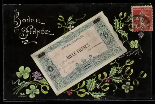 AK Mille Francs, Banque du Bonheur, Fleurs, Bonne Année
