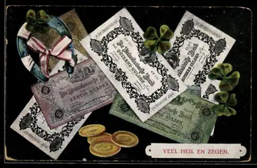 AK Guldenscheine, Münzen, Hufeisen, Klee, Heil en Zegen