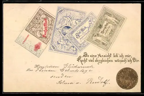 Präge-Lithographie So eine Ansicht lob ich mir..., Geldscheine u. Markstück