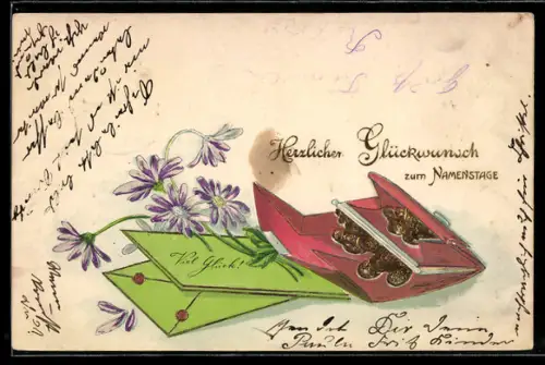 Präge-Lithographie Geldbörse mit Münzen, Briefe, Blumen, Namenstagsgruss