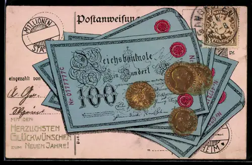 AK Neujahrsgrüsse mit Reichsbanknote 100 Mark und Münzen