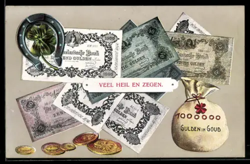 AK niederländische Geldscheine u. Geldstücke, Gulden, Geldsack, Hufeisen, Kleeblatt