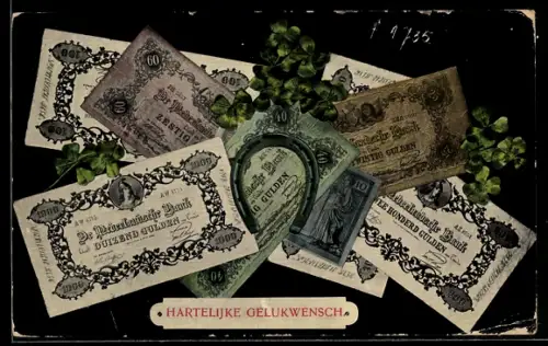 AK Niederländische Gulden, Geldscheine, Münzen, Hufeisen, Hartelijke Gelukwensch