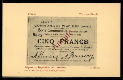 AK Waziers, Nord, Bon Communaux, Cinq Francs, Annulé