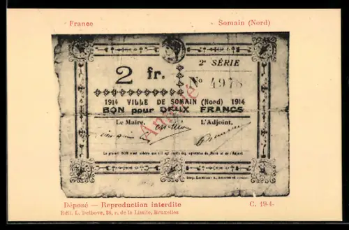 AK Somain /Nord, Französischer Geldschein