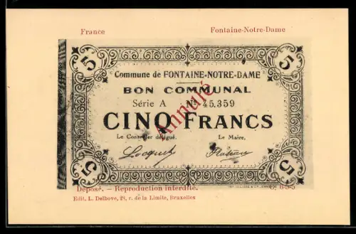 AK Fontaine-Notre-Dame, Bon Communal, Cinq Francs, Annulé