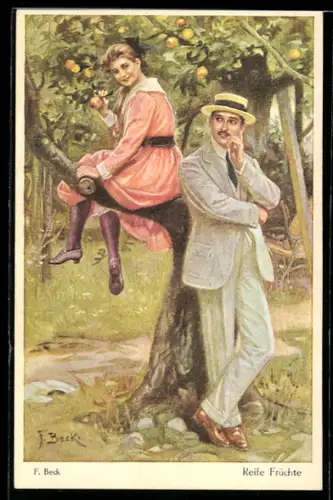 Künstler-AK sign. F. Beck: Reife Früchte, Liebespaar