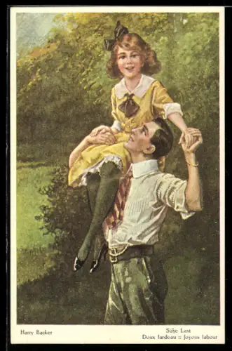 Künstler-AK sign. Harry Backer: Vater trägt Tochter auf den Schultern
