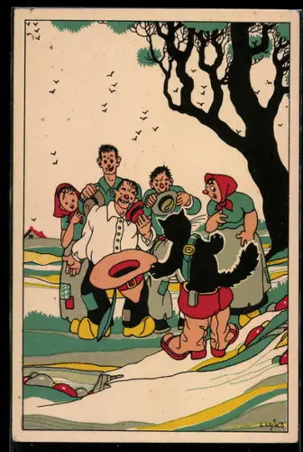 Künstler-AK Karel L.Links: der Gestiefelte Kater verabschiedet sich