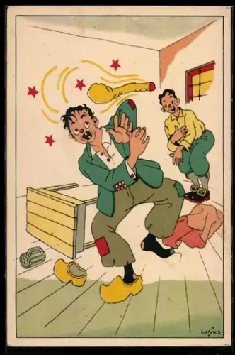 Künstler-AK Karel L.Links: Szene mit zwei randalierenden Männern