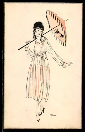 Künstler-AK E. Weber: Mädchen mit Sonnenschirm