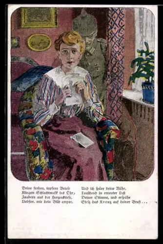 Künstler-AK Ernst Heilemann: Frau mit Feldpostbrief in Gedanken an den Ehemann im Felde