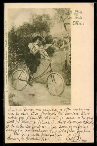 Künstler-AK Amor knutscht Fahrradfahrerin