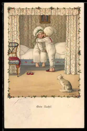 Künstler-AK Pauli Ebner: Junge gibt der kleinen Schwester einen Kuss beim Zubettgehen