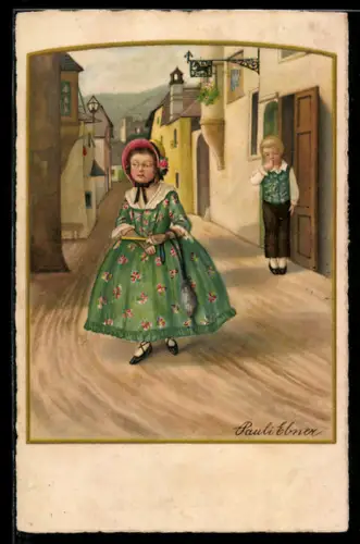 Künstler-AK Pauli Ebner: Kleiner Kavalier sieht kleine Dame davongehen