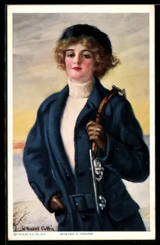 Künstler-AK sign.: W. Haskell Coffin: Frau trägt ihre Schlittschuhe