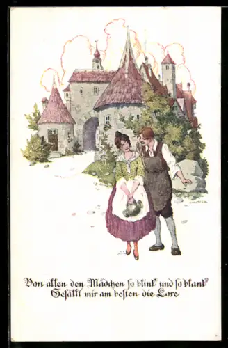 Künstler-AK Ernst Kutzer: Deutscher Schulverein Nr. 1327: Gastwirt flirtet mit einem Bauernmädchen