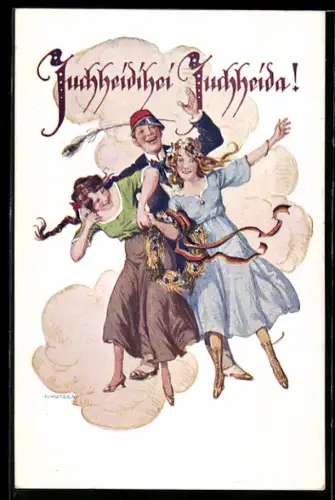 Künstler-AK Ernst Kutzer: Deutscher Schulverein Nr. 1413, Mann feiert mit zwei Frauen