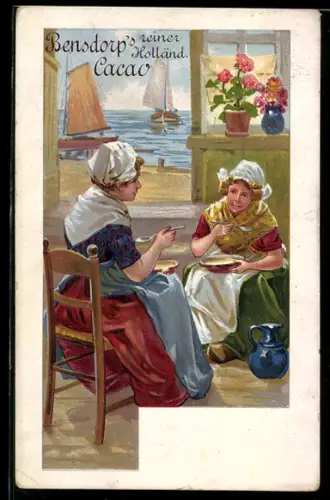 AK Zwei holländische Mädel trinken gemeinsam Bensdorp`s Kakao