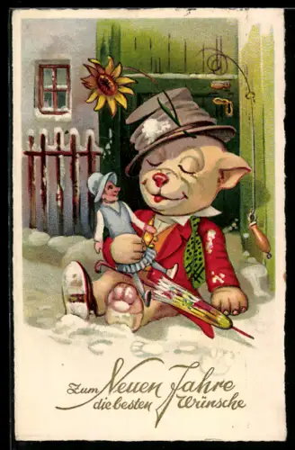 AK Selig schlummernder Bonzo mit Puppe im Schnee, Neujahrsgruss