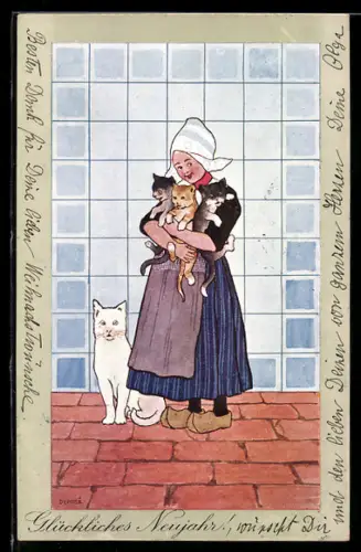 Künstler-AK niederländisches Mädchen mit drei Katzen auf dem Arm