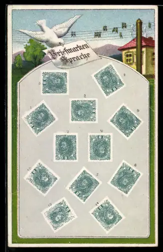 AK Briefmarken-Sprache, weisse Taube und Schwalben auf Telegraphenleitungen, die Bedeutung der Anordnung der Briefmarken
