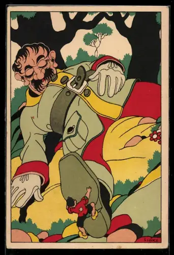 Künstler-AK Karel L.Links: Däumling klettert einen Schuh hoch