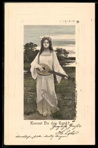 AK Frau im weissen Kleid mit Laute