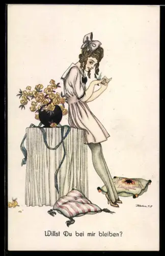 Künstler-AK Hahn: Junges Mädchen mit Schleife im Haar und verschmitztem Lächeln