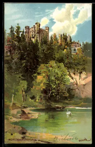 Künstler-AK Karl Heinisch: Hohenschwangau, Blick vom Wasser zum Schloss