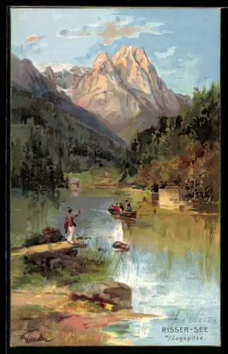 Künstler-AK Karl Heinisch: Garmisch, Risser-See, Blick mit Boot und Zugspitze