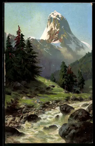 Künstler-AK Robert Kämmerer: Gebirgsbach mit Blick zum Gipfel