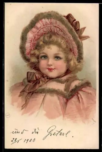 Glitzer-Perl-AK Mädchen mit Haube