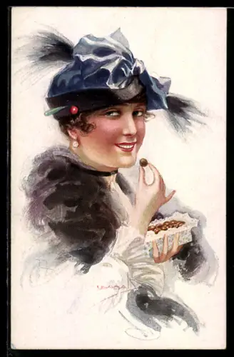 Künstler-AK Luis Usabal: Junge Dame isst Pralienen