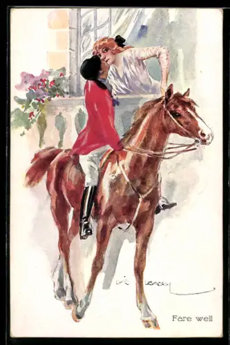 Künstler-AK Luis Usabal: Fare well, Reiter küsst Maid auf Balkon