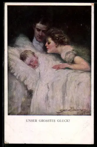 Künstler-AK Clarence F.Underwood: Eltern am Bett ihres schlafenden Kindes