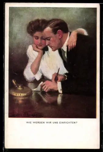 Künstler-AK Clarence F. Underwood: Junges Paar macht Pläne