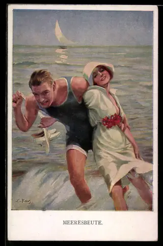 Künstler-AK M. Munk Nr. 1124: Meeresbeute, Schwimmer und junge Dame