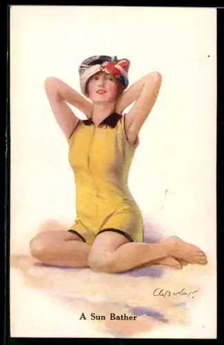 Künstler-AK Court Barber: A Sun Bather, Mädchen in gelbem Badeanzug
