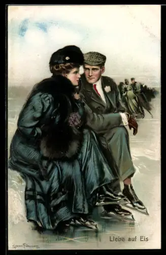 Künstler-AK Clarence F. Underwood: Liebe auf Eis, Junges Paar turtelt auf der Eisbahn