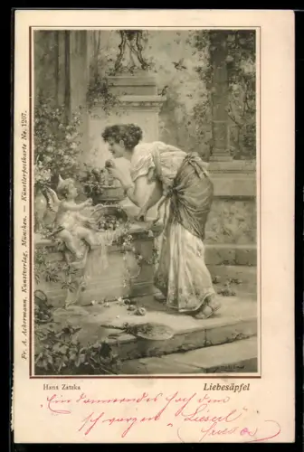 Künstler-AK Hans Zatzka: Liebesäpfel, hübsche Dame bekommt von einem Engel einen Liebesapfel geschenkt